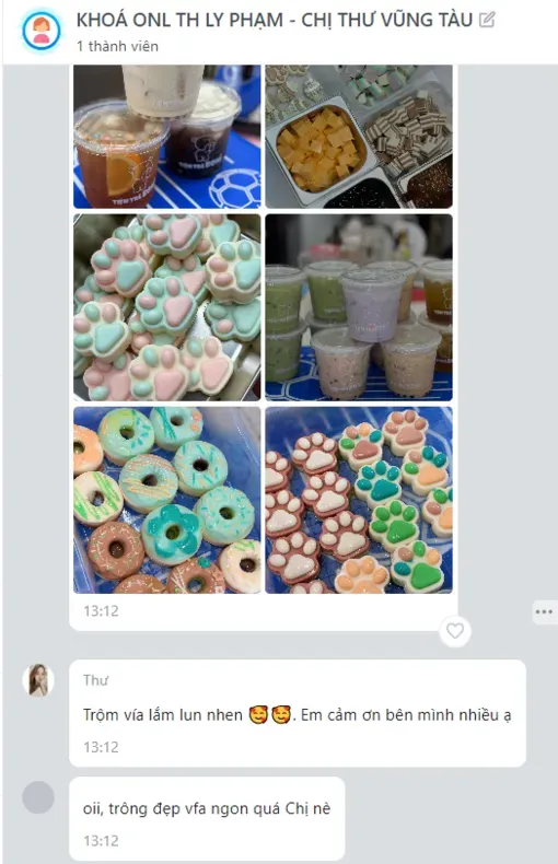 Nhóm chat "Khóa ONL TH Ly Phạm – chị Thư Vũng Tàu": học viên online gửi ảnh trà sữa, topping, bánh tự làm, khen "trộm vía lắm luôn"