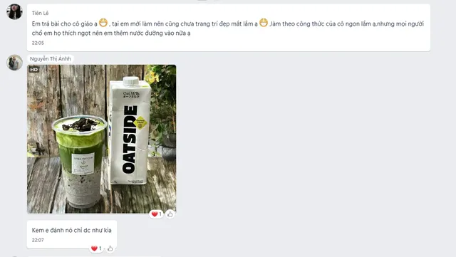 Bình luận học viên trả bài ly matcha latte tự pha theo công thức của cô, kèm ảnh ly và hộp sữa yến mạch