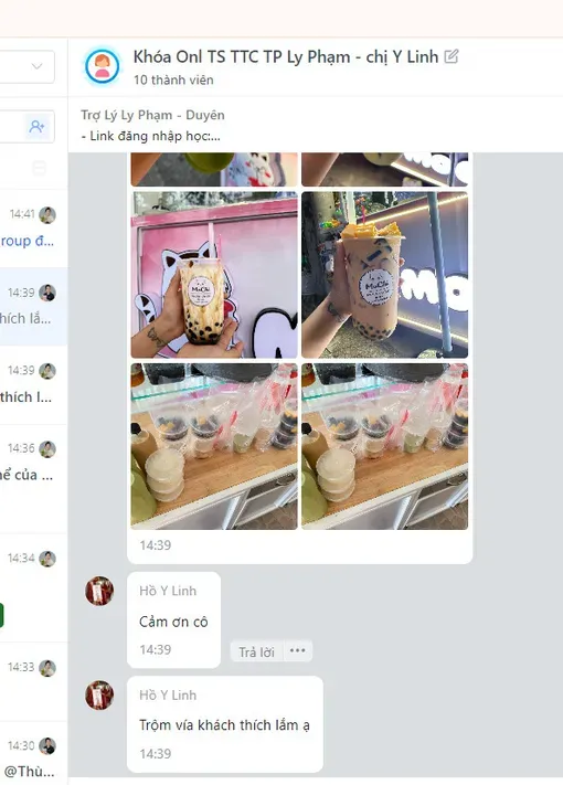 Nhóm chat "Khóa Onl TS TTC TP Ly Phạm" có trợ lý gửi link đăng nhập, học viên gửi ảnh ly trà sữa, trà trái cây và nói khách thích lắm