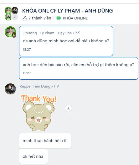 Tin nhắn trợ giảng hỏi thăm học viên khóa cà phê online đã học đến bài nào