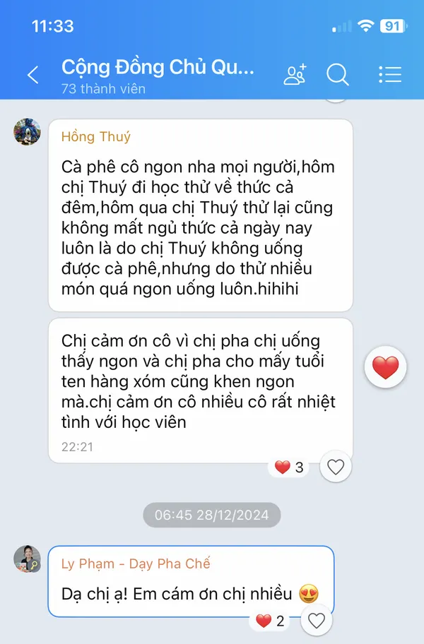 Học viên khen công thức cà phê của cô Ly trong nhóm cộng đồng chủ quán