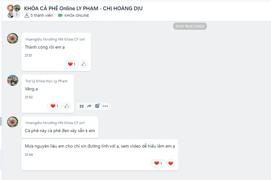 Học viên khóa cà phê online nhắn đã làm thành công và khen video dễ hiểu