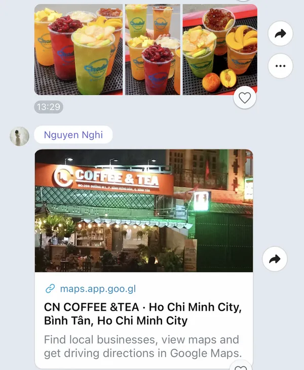 Học viên lớp MAP gửi ảnh ly trà trái cây và vị trí quán CN Coffee & Tea
