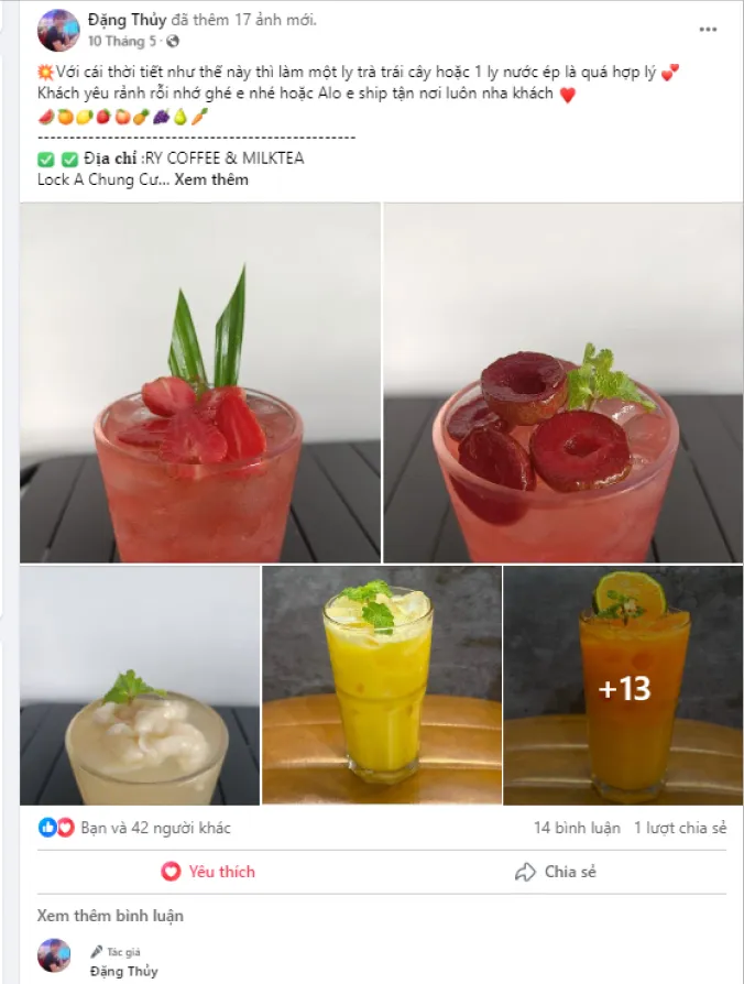Bài đăng học viên khoe các ly trà trái cây bán tại quán RY Coffee & Milktea