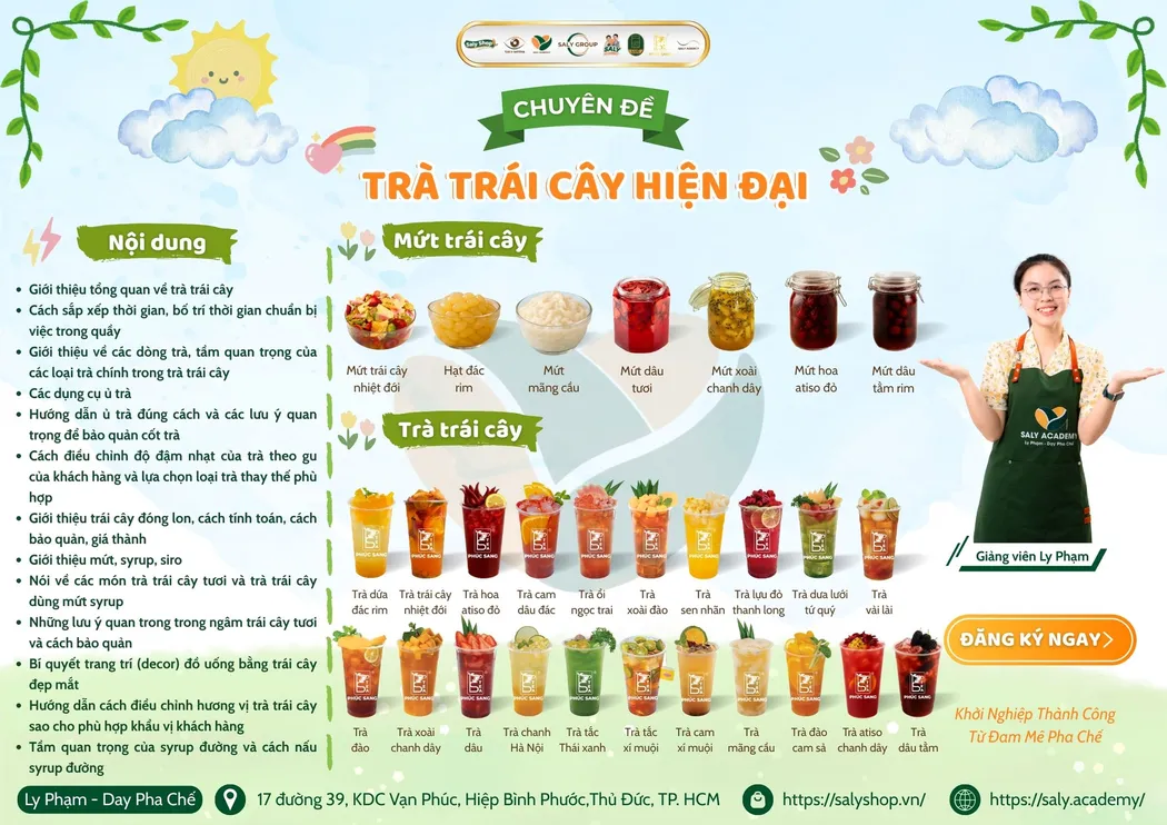 Bảng nội dung chuyên đề trà trái cây hiện đại: mứt trái cây, các dòng trà, kỹ thuật ủ trà, decor và bảo quản