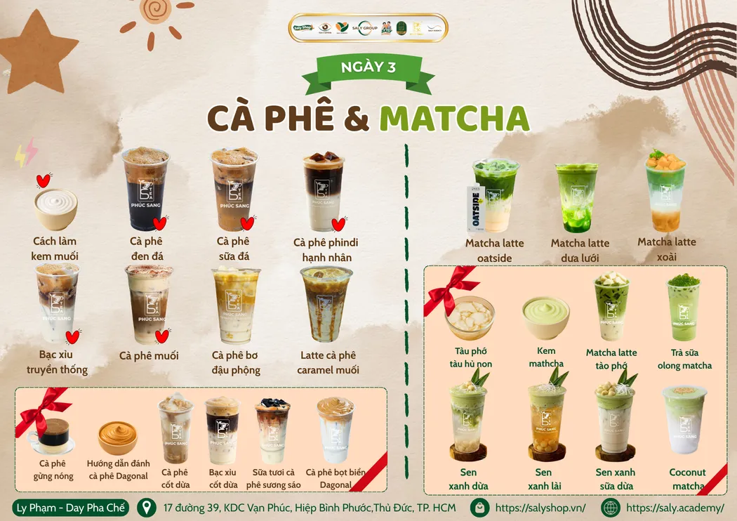Bảng nội dung buổi cà phê và matcha: cà phê muối, bạc xỉu, matcha latte và các món cà phê hiện đại