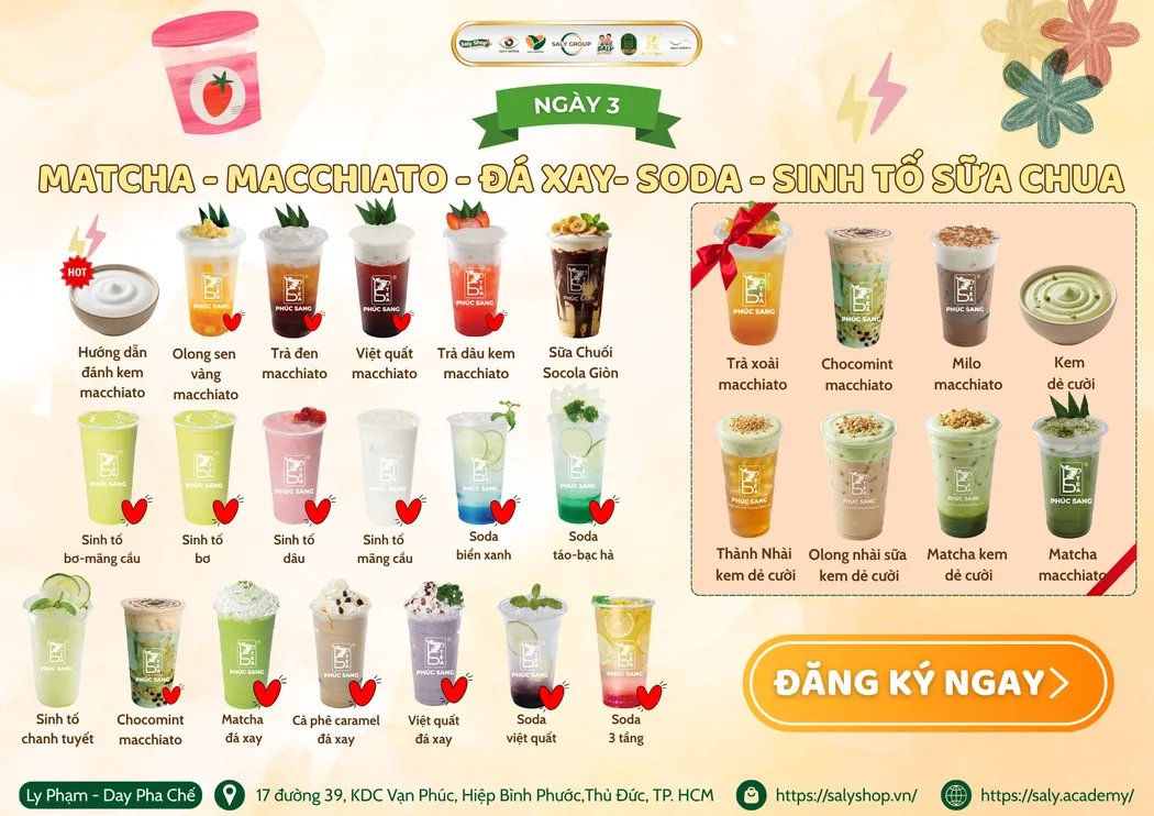 Bảng nội dung buổi matcha, macchiato, đá xay, soda và sinh tố sữa chua
