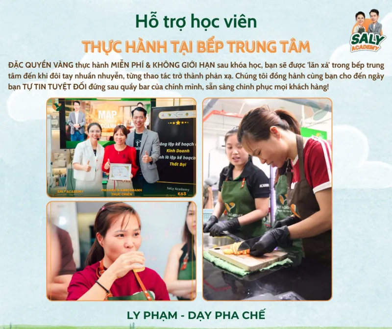 Học viên thực hành tại bếp trung tâm của Lục Coffee & Tea sau khóa học