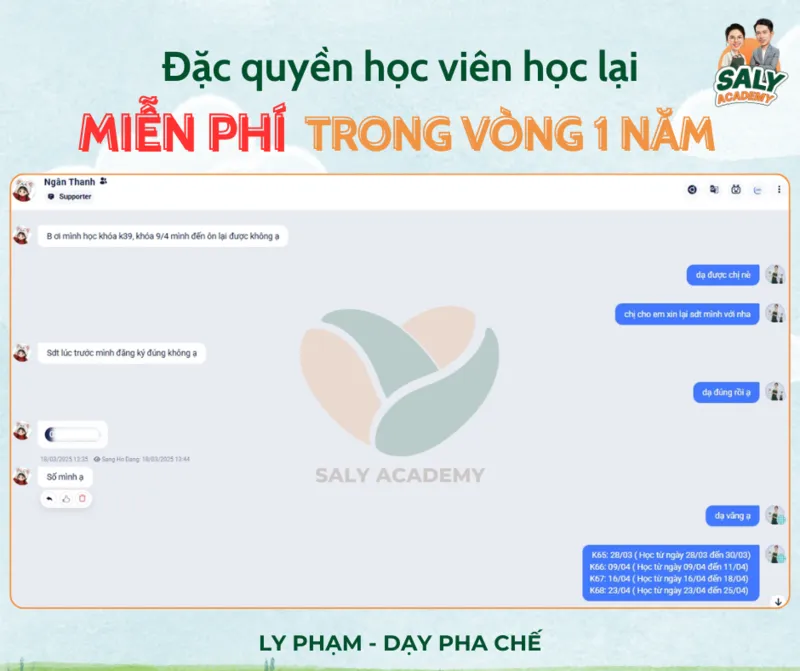 Tin nhắn trợ giảng xác nhận học viên được học lại miễn phí trong vòng 1 năm