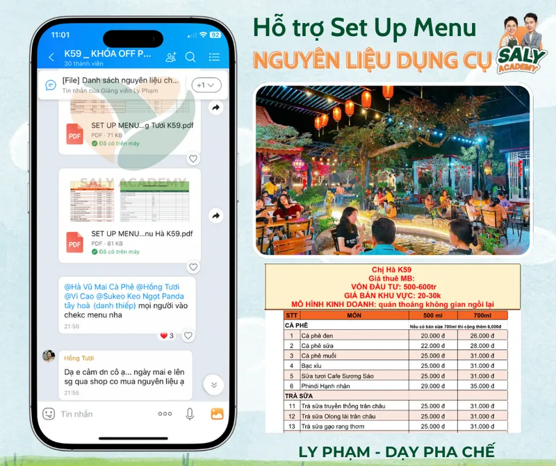 Phản hồi học viên được hỗ trợ set up menu, nguyên liệu, dụng cụ và thiết bị
