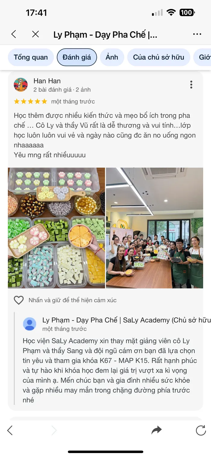 Đánh giá 5 sao trên Google Maps của học viên về Ly Phạm - Dạy Pha Chế