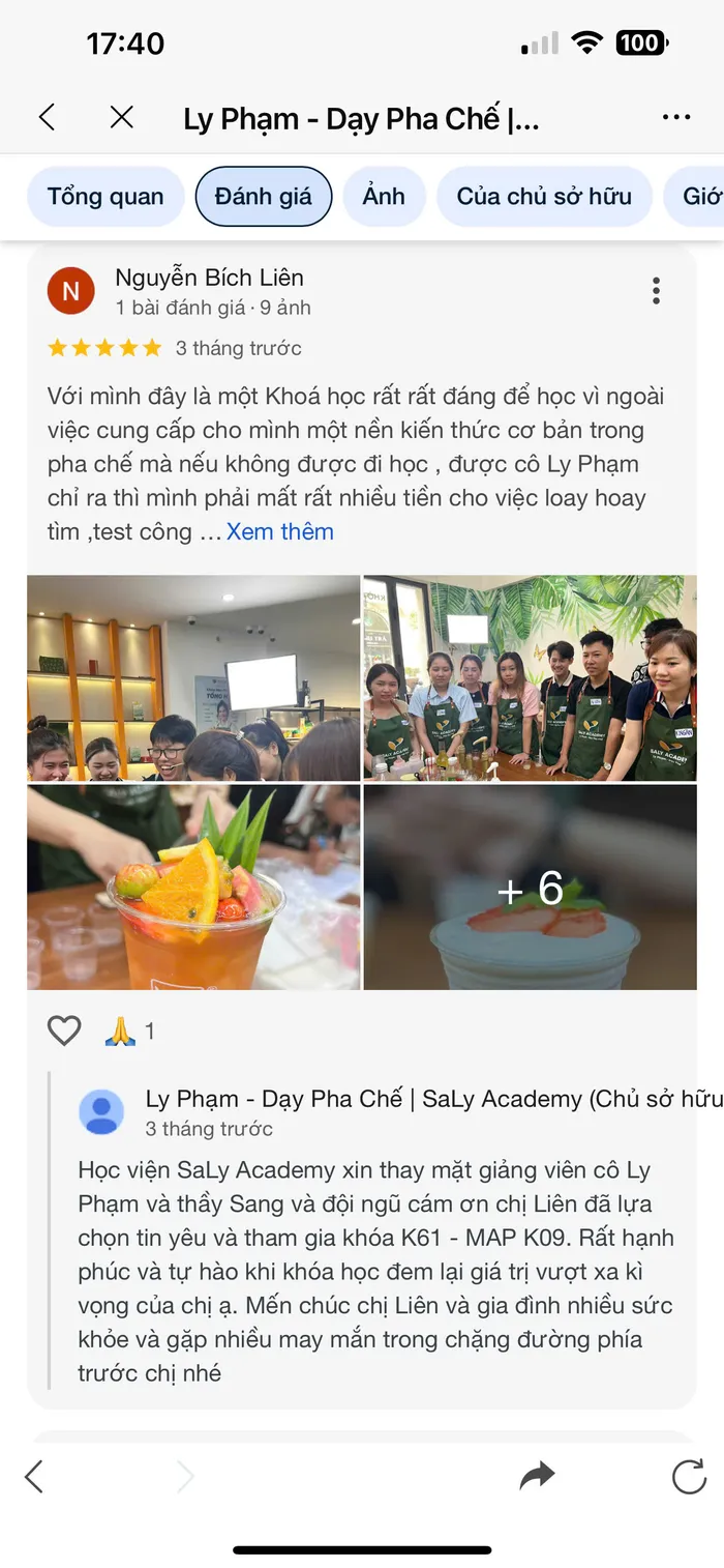 Học viên đánh giá 5 sao và khoe thành phẩm sau khóa học trên Google Maps