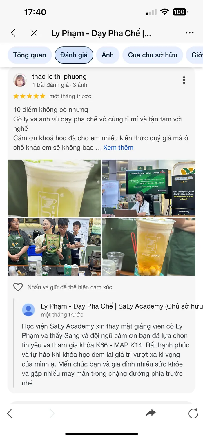 Đánh giá Google Maps của học viên khóa kinh doanh mở quán