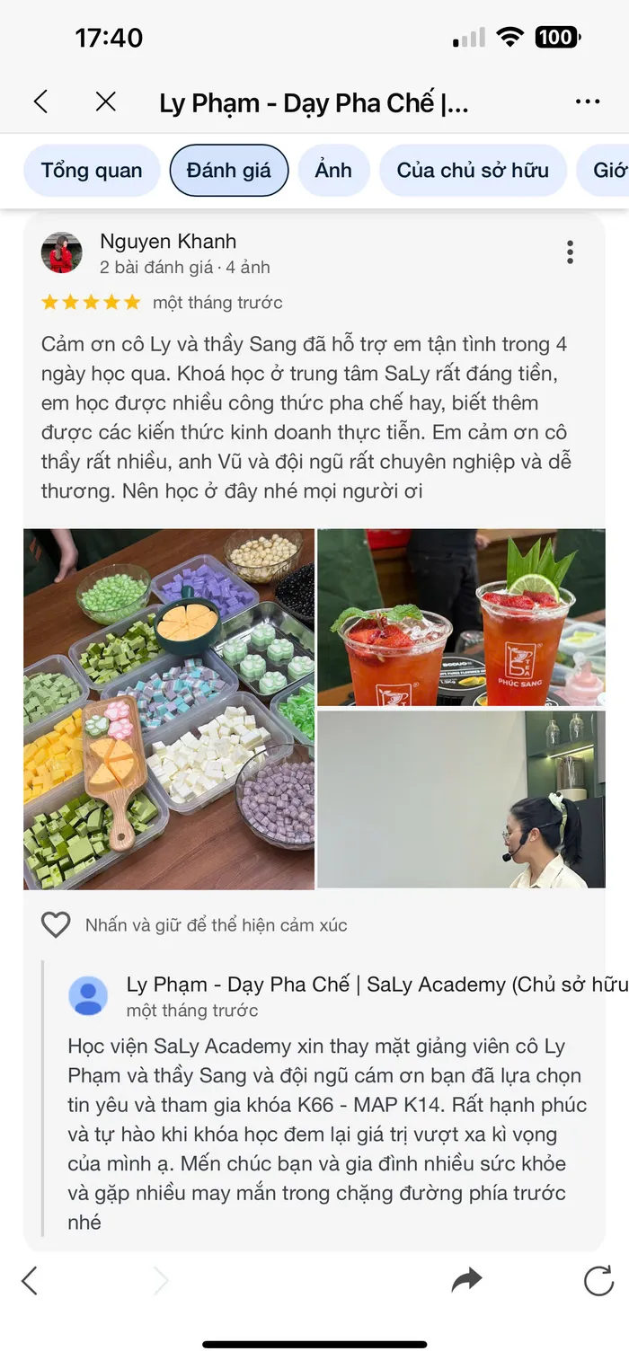 Đánh giá Google Maps kèm ảnh đồ uống học viên tự pha