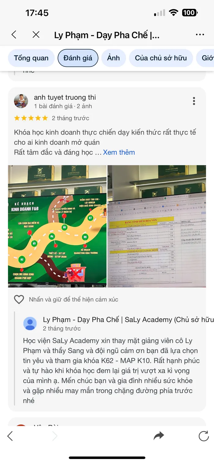 Đánh giá 5 sao mới nhất của học viên trên Google Maps