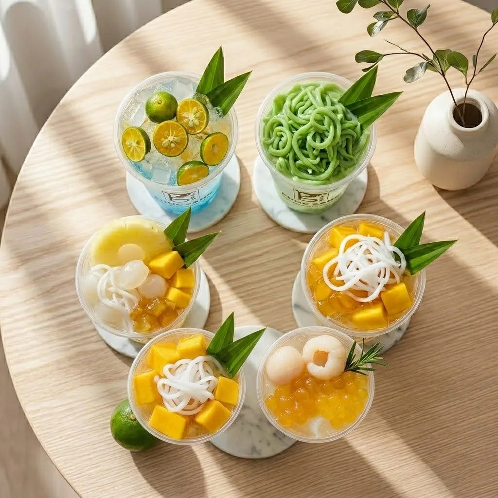 Khay tròn bày các ly nước dừa mix nhiều màu với topping thạch, xoài và vải
