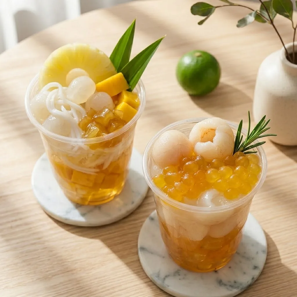 Các loại topping thạch củ năng, trân châu dừa và thạch rau câu dùng cho món nước dừa mix