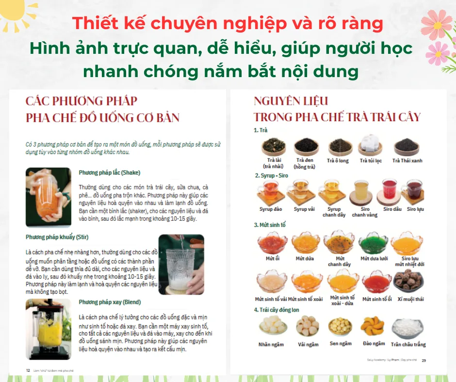 Trang giáo trình trình bày các phương pháp pha chế cơ bản kèm hình minh họa nguyên liệu