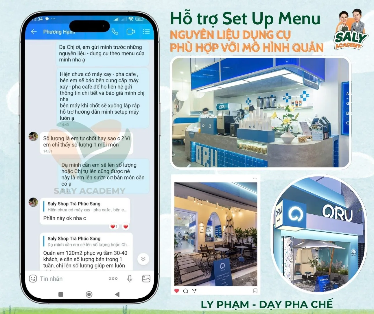 Tin nhắn tư vấn set-up menu và danh sách nguyên liệu cho quán học viên