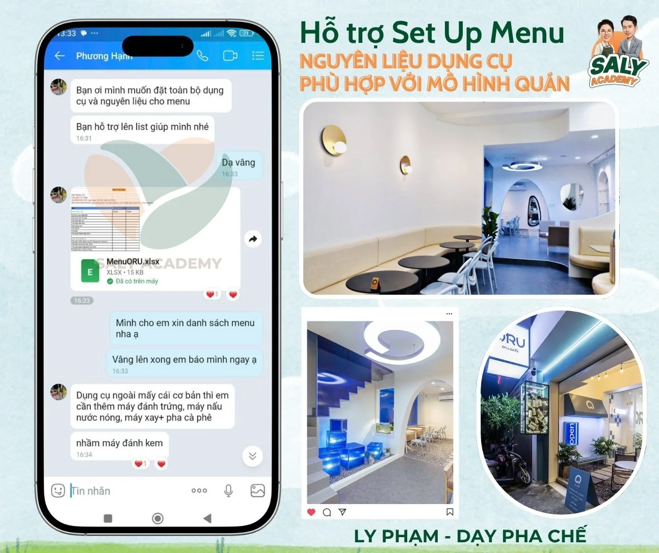 Tin nhắn hỗ trợ học viên lên menu và chọn nguyên liệu dụng cụ phù hợp mô hình quán
