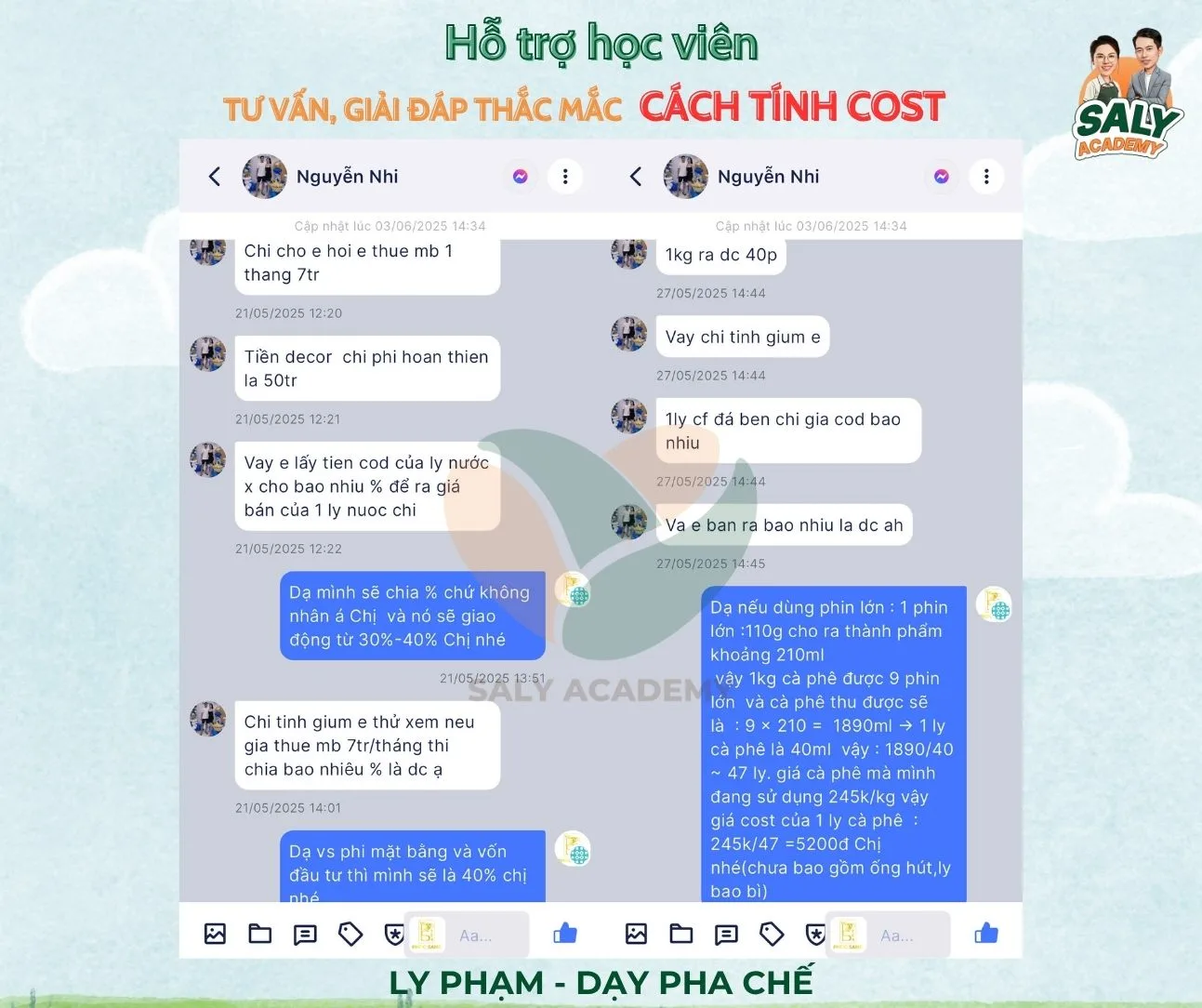 Tin nhắn trợ giảng hướng dẫn học viên cách tính giá cost từng ly