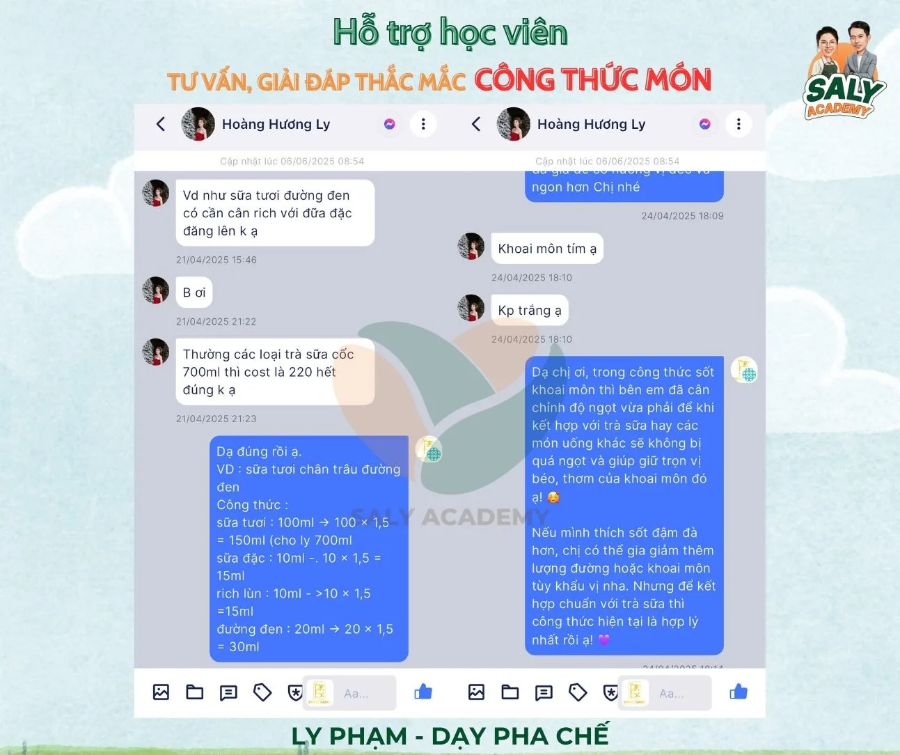 Tin nhắn trợ giảng giải đáp thắc mắc công thức món cho học viên