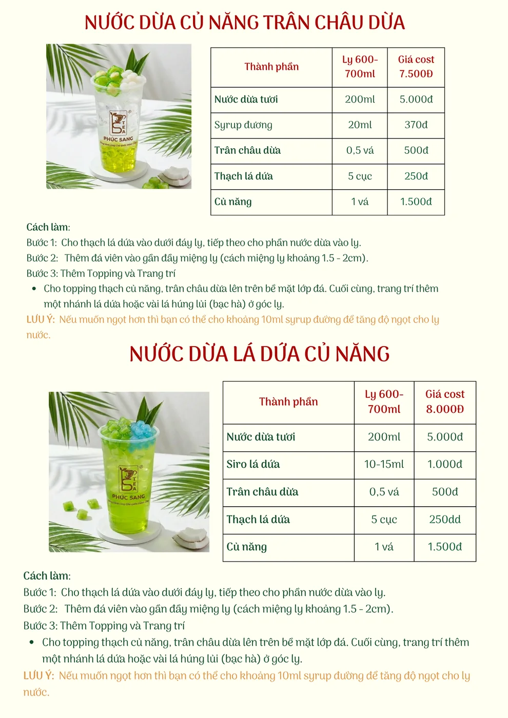 Trang giáo trình công thức nước dừa củ năng trân châu dừa với bảng nguyên liệu và định lượng