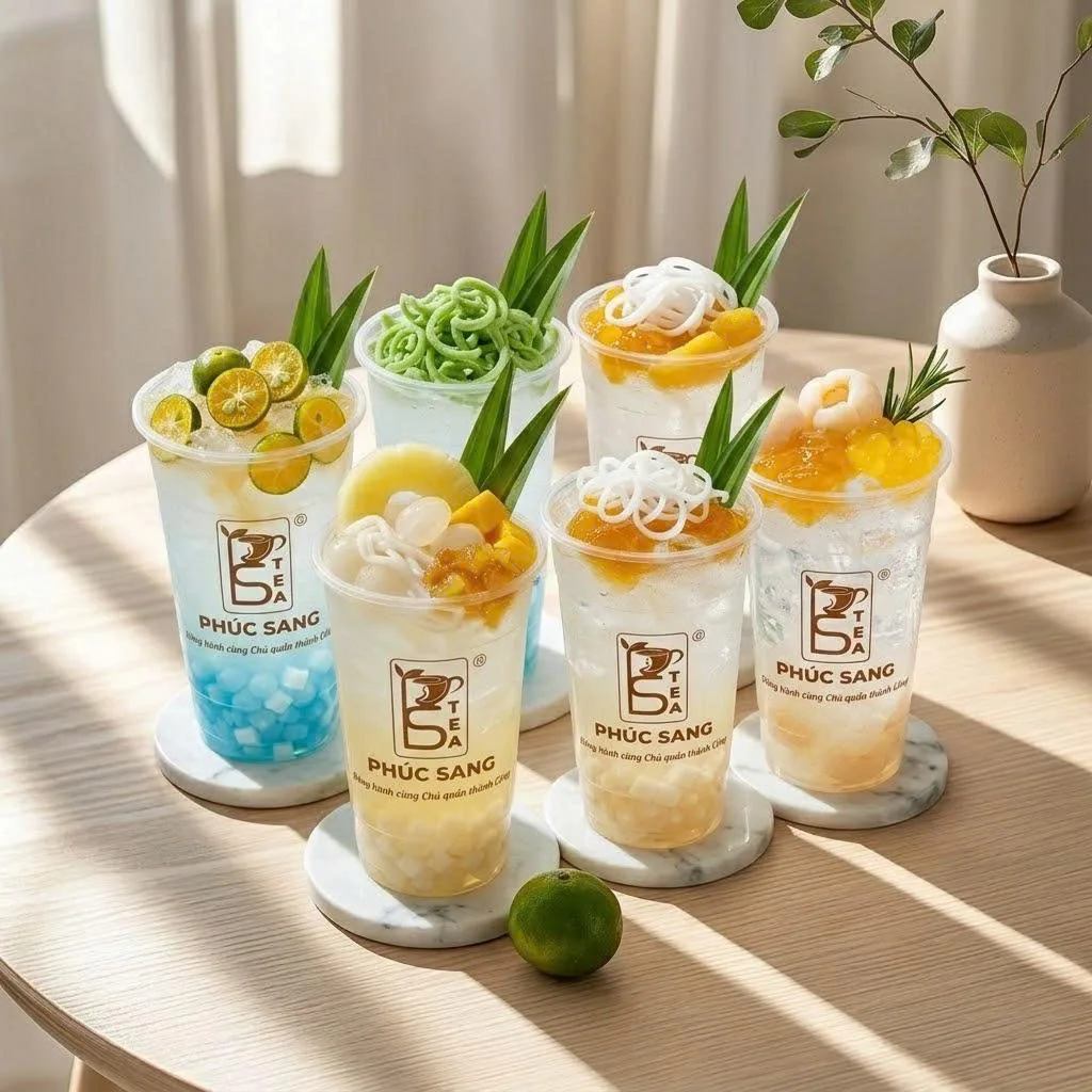 Bốn ly nước dừa mix thành phẩm xếp hàng trên bàn gỗ, trang trí lá dứa