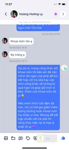 Tin nhắn trợ giảng hướng dẫn học viên công thức món