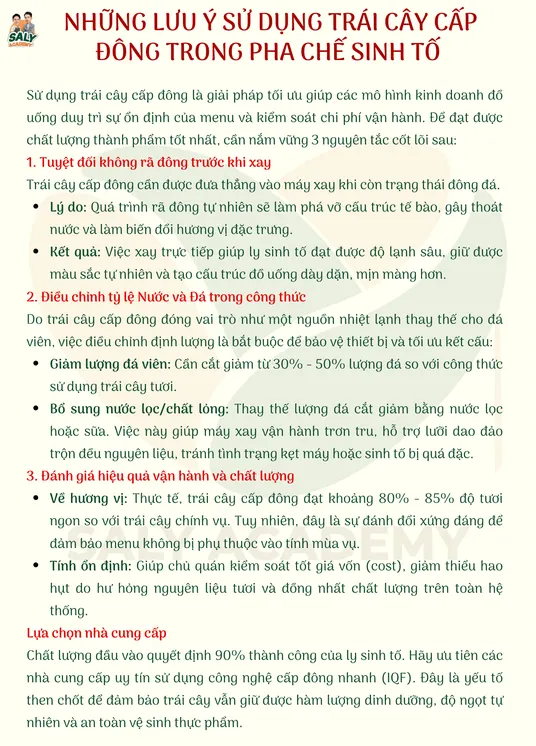 Một trang giáo trình khóa sinh tố - sữa chua: những lưu ý khi dùng trái cây cấp đông trong pha chế sinh tố