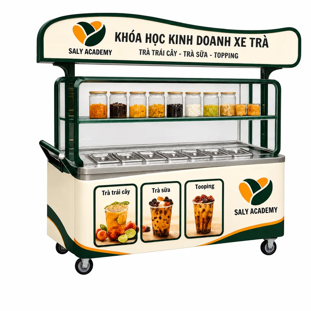 Quầy xe trà mẫu của khóa học kinh doanh xe trà: khay trà trái cây, trà sữa và topping