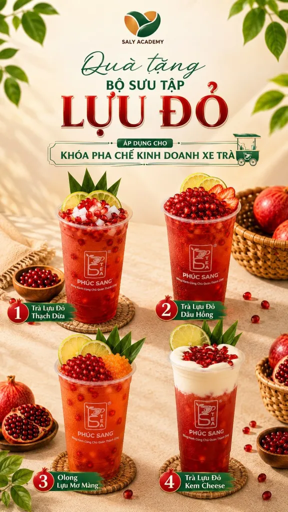 Quà tặng bộ sưu tập lựu đỏ áp dụng cho khóa pha chế kinh doanh xe trà: trà lựu đỏ thạch dừa, trà lựu đỏ đào hồng, olong lựu đỏ mãng cầu, trà lựu đỏ kem cheese