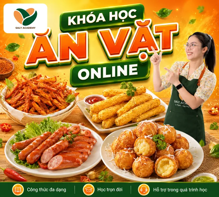 Khóa Ăn Vặt online: khoai lang lắc, phô mai que, xúc xích và bánh rán phô mai