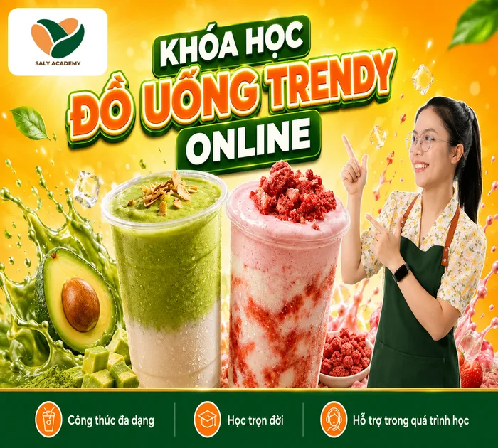 Khóa Đồ Uống Trendy online: ly matcha đá xay và ly đá xay dâu phủ topping